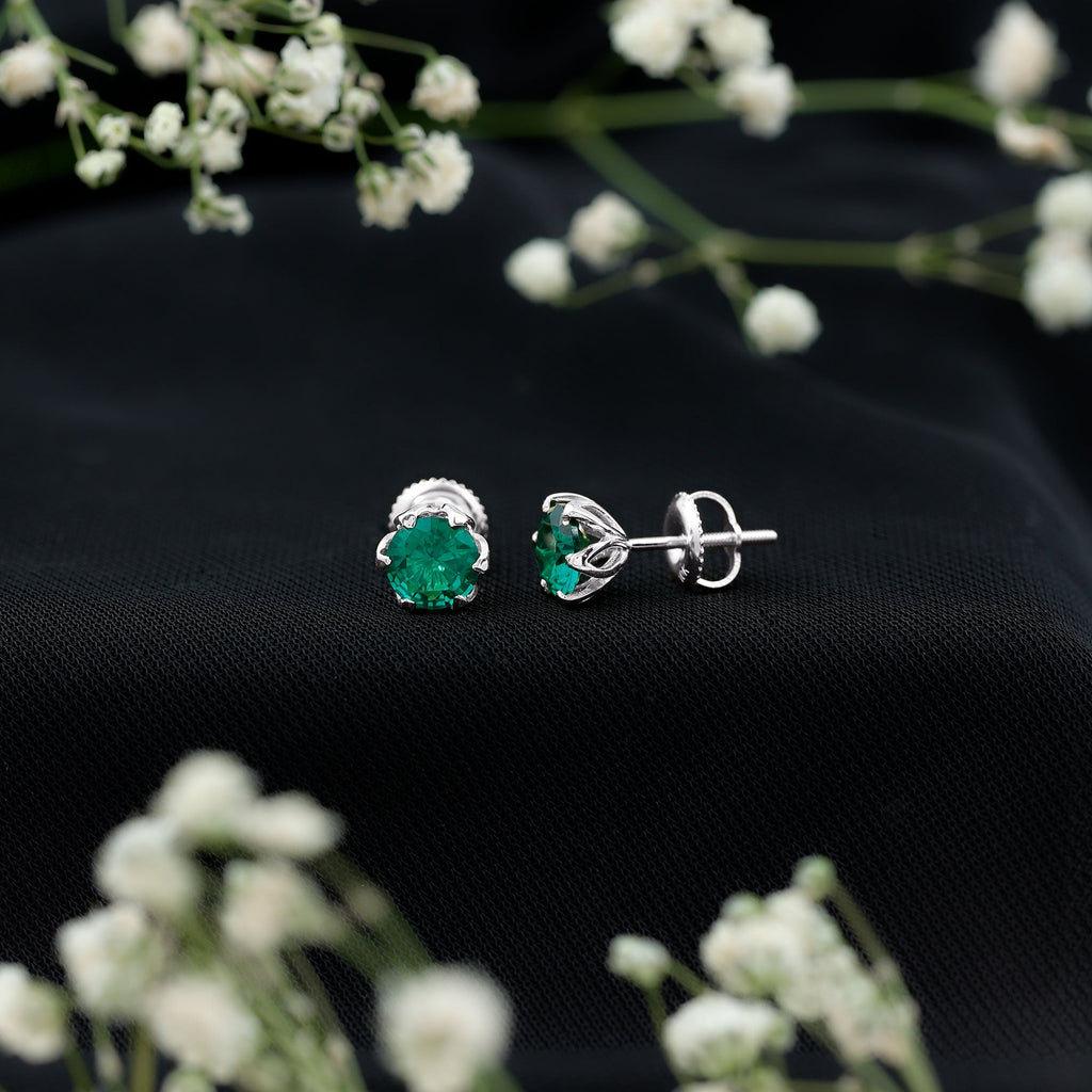 6 MM Round Cut Created Emerald Solitaire Stud Earrings in Lotus Basket Setting