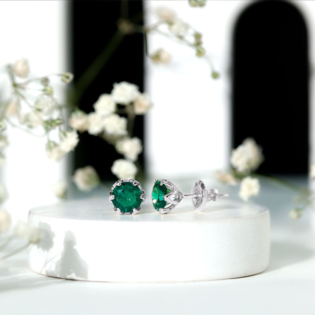 6 MM Round Cut Created Emerald Solitaire Stud Earrings in Lotus Basket Setting