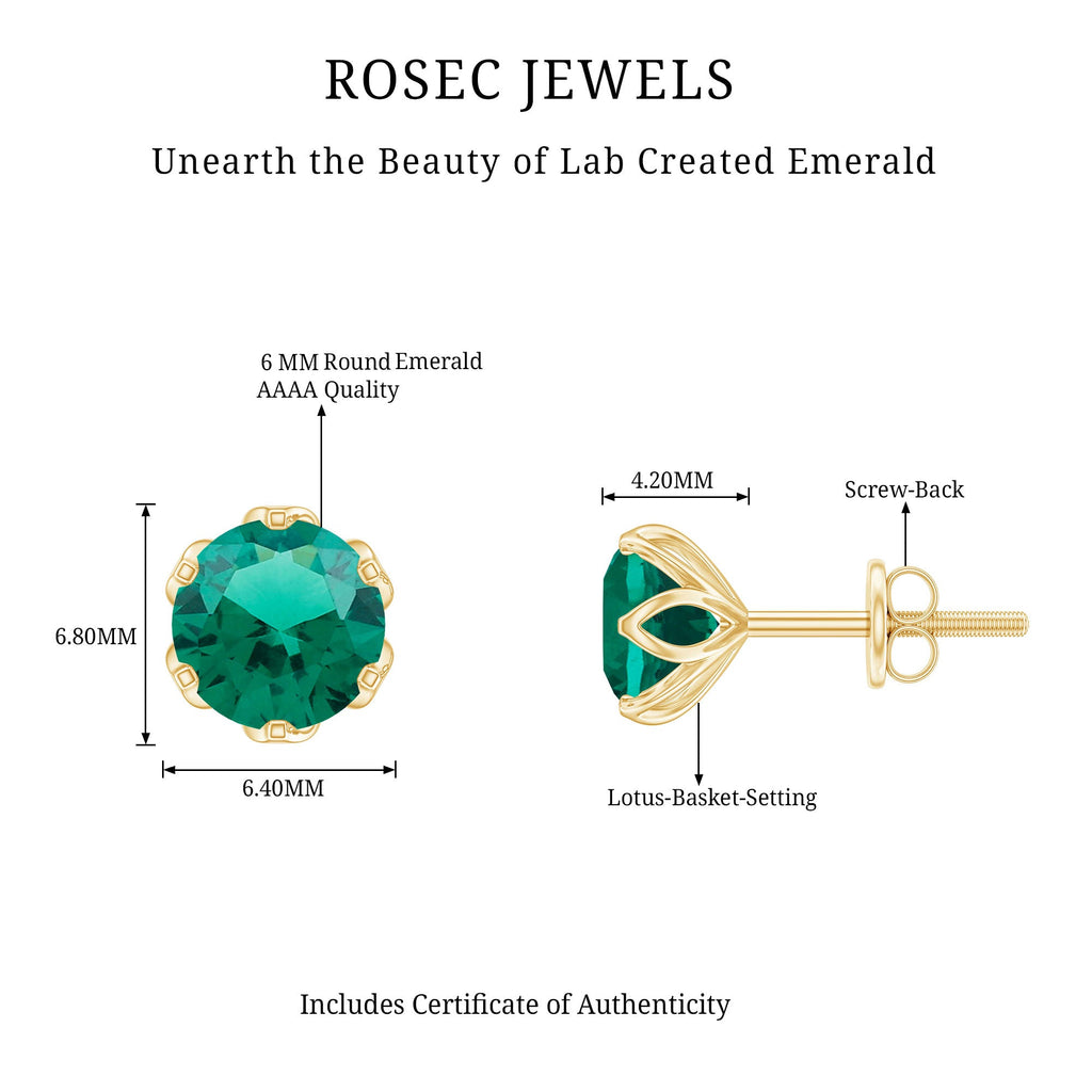 6 MM Round Cut Created Emerald Solitaire Stud Earrings in Lotus Basket Setting