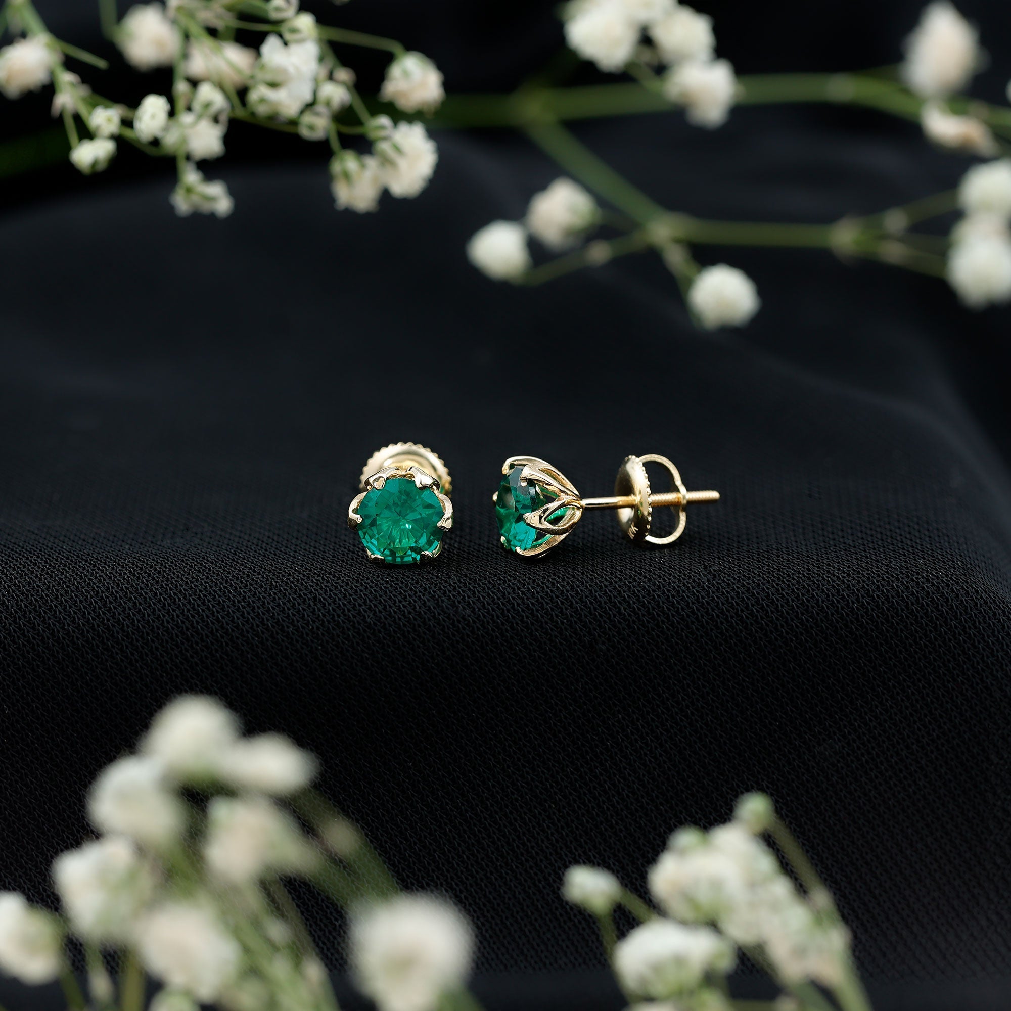 6 MM Round Cut Created Emerald Solitaire Stud Earrings in Lotus Basket Setting