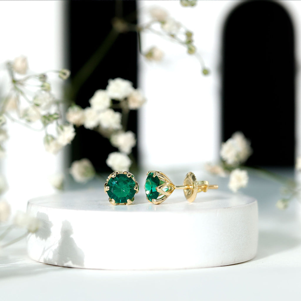 6 MM Round Cut Created Emerald Solitaire Stud Earrings in Lotus Basket Setting
