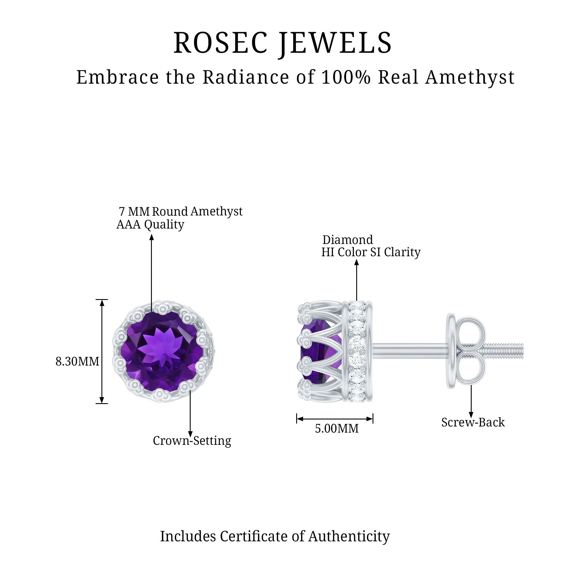 Natural Amethyst and Diamond Bridal Stud Earrings