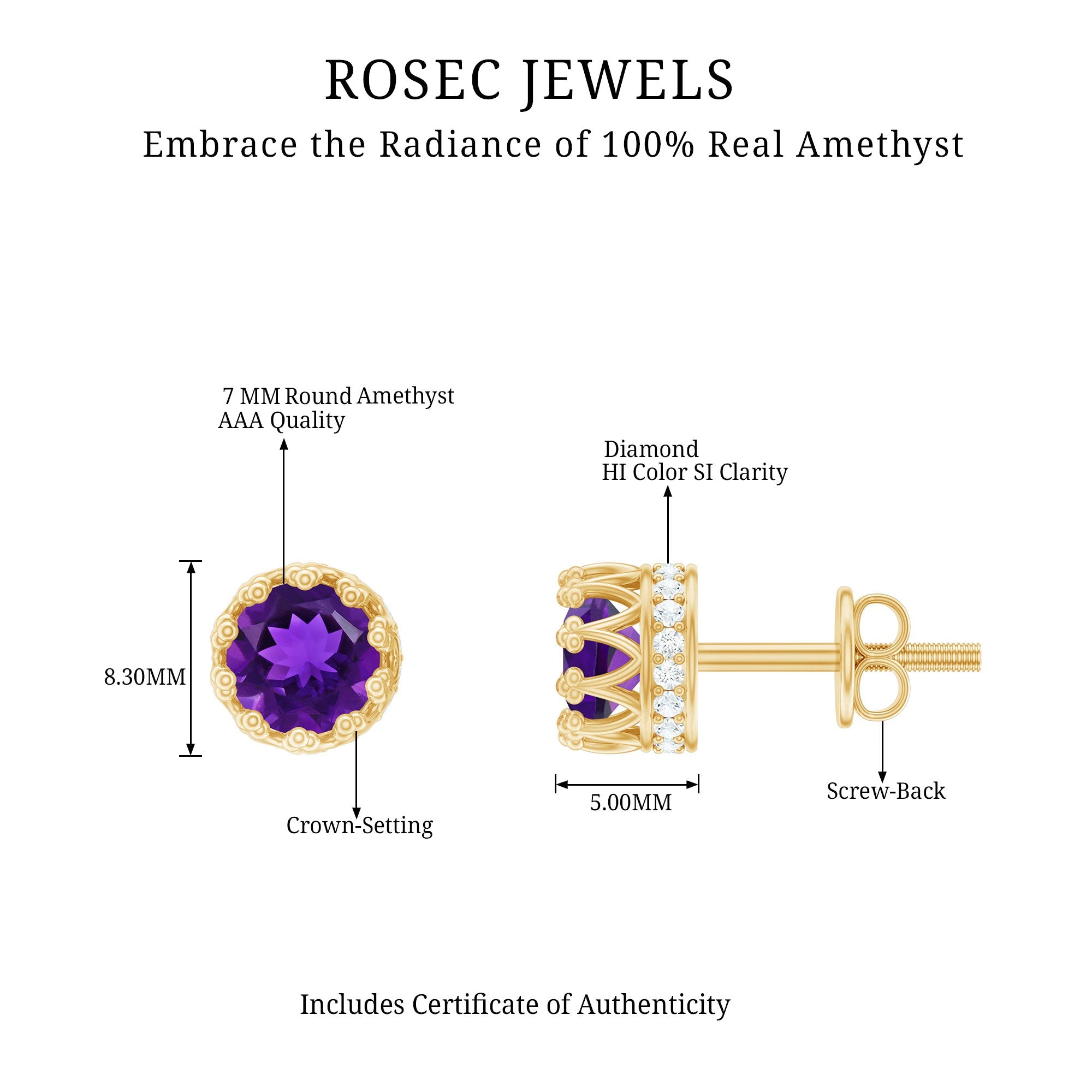 Natural Amethyst and Diamond Bridal Stud Earrings