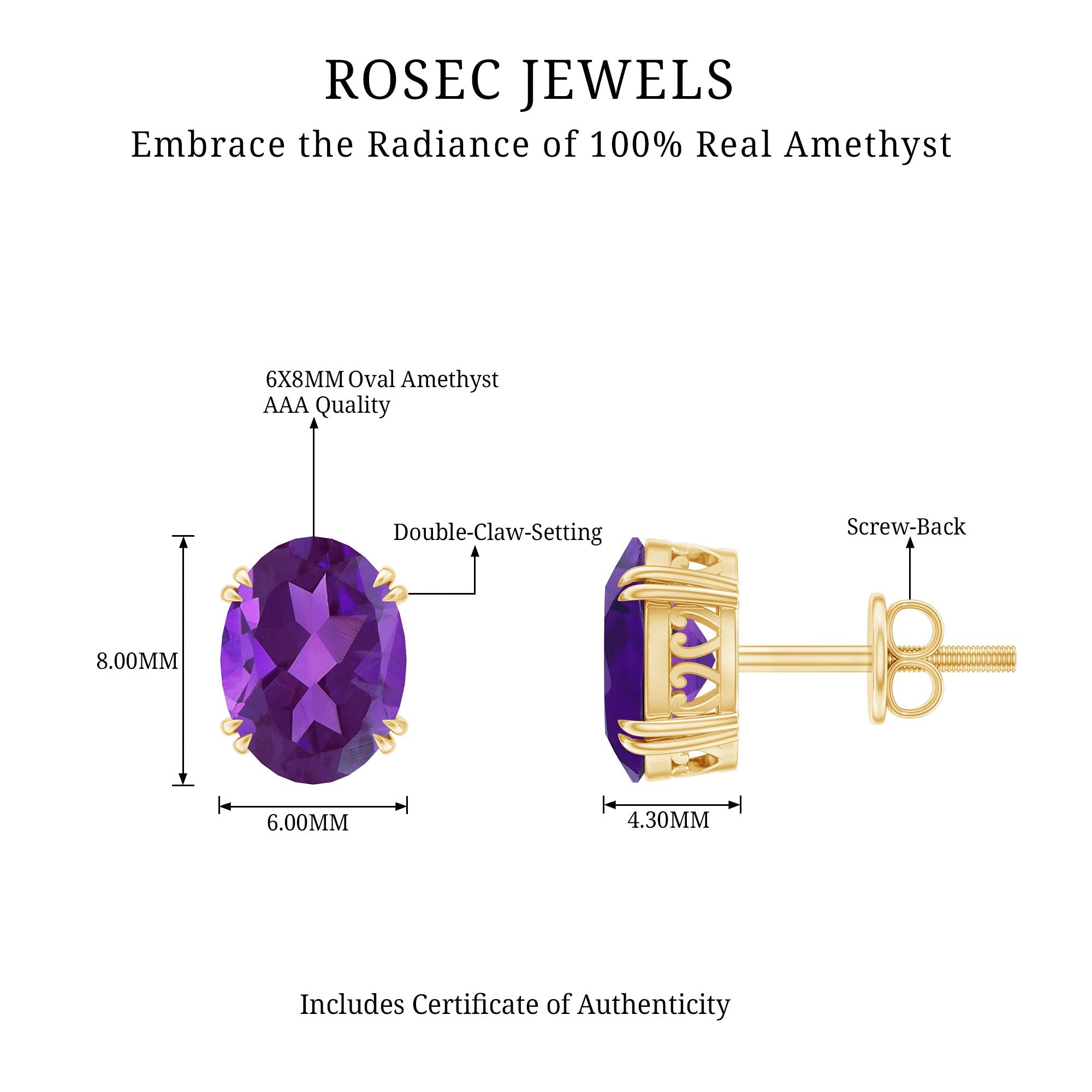 2 Carat Oval Cut Amethyst Solitaire Stud Earrings