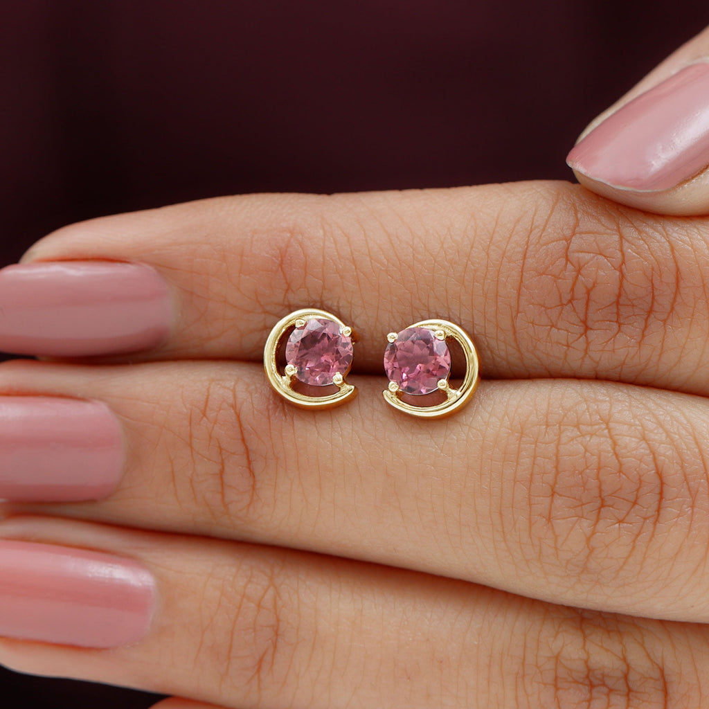 Genuine 1 Carat Pink Tourmaline Solitaire Stud Earrings