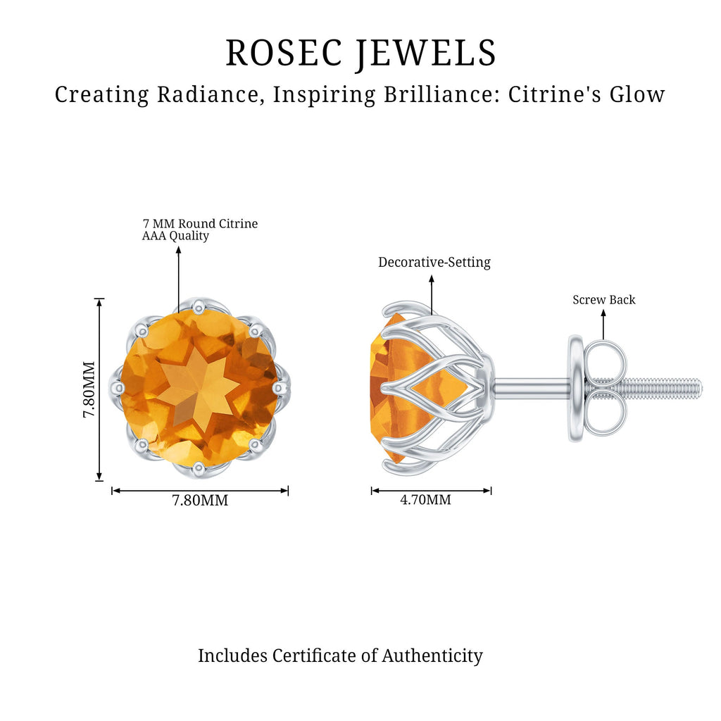 Natural 7mm Citrine Stud Earrings with Screw Back
