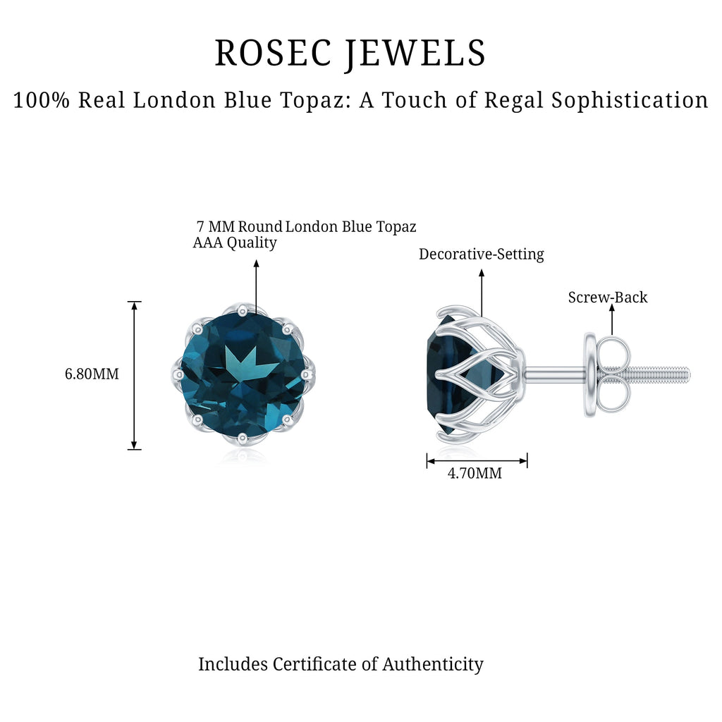 Genuine 7MM London Blue Topaz Solitaire Stud Earrings With Certificate