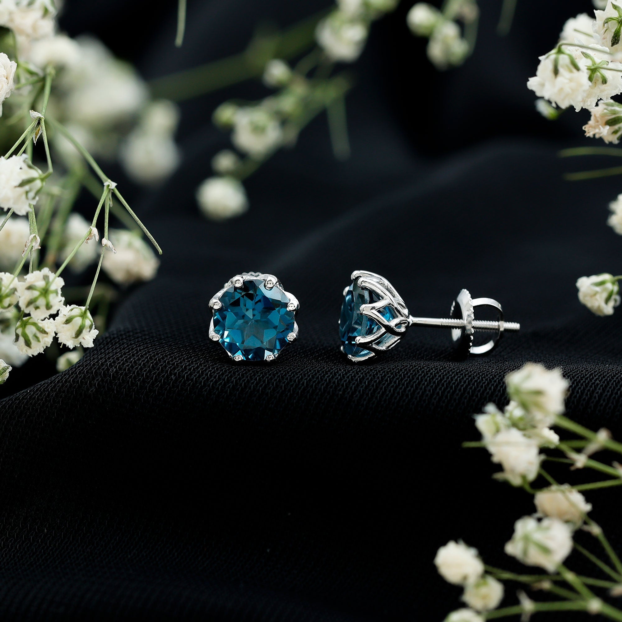 Genuine 7MM London Blue Topaz Solitaire Stud Earrings With Certificate