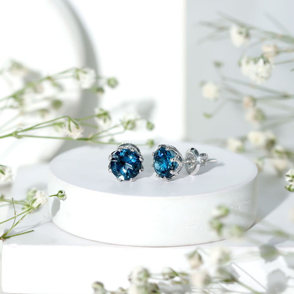 Genuine 7MM London Blue Topaz Solitaire Stud Earrings With Certificate