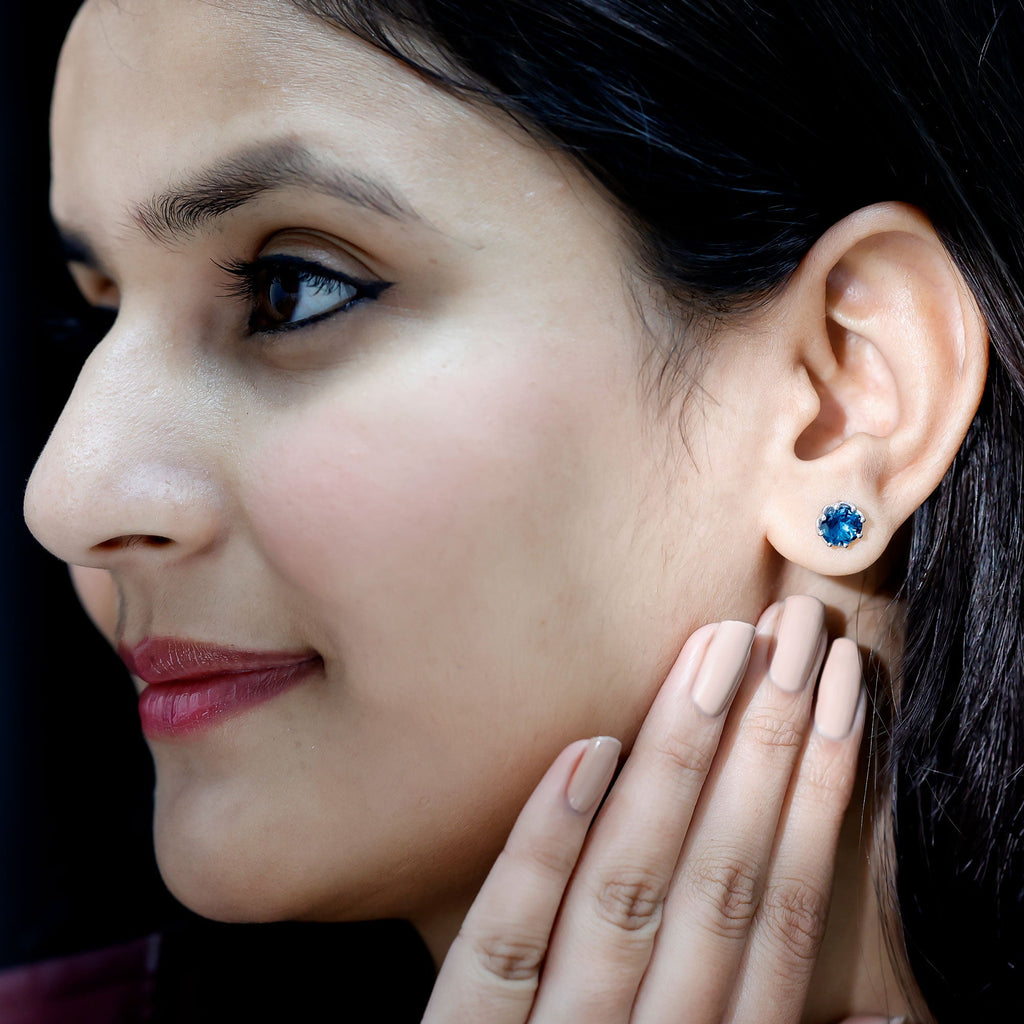 Genuine 7MM London Blue Topaz Solitaire Stud Earrings With Certificate
