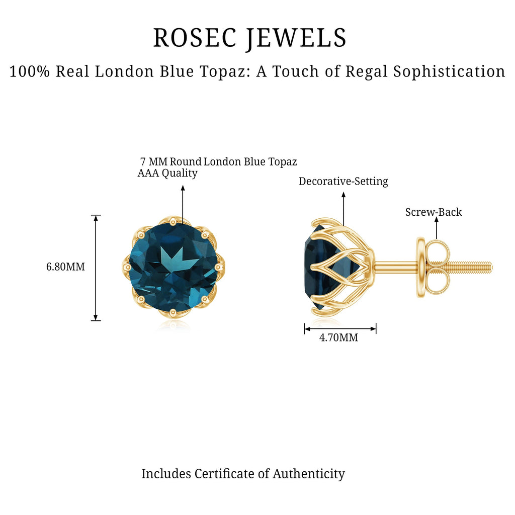 Genuine 7MM London Blue Topaz Solitaire Stud Earrings With Certificate