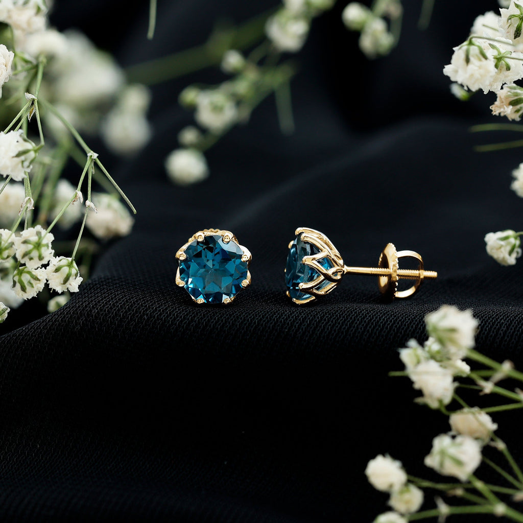 Genuine 7MM London Blue Topaz Solitaire Stud Earrings With Certificate