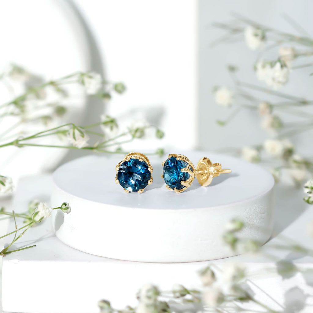 Genuine 7MM London Blue Topaz Solitaire Stud Earrings With Certificate