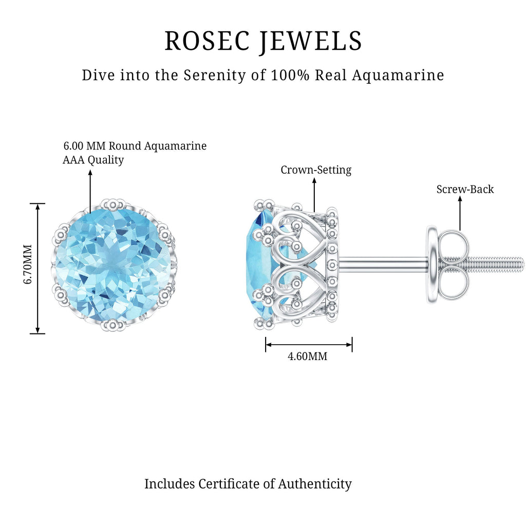 1.5 Carat Genuine Aquamarine Crown Stud Earrings