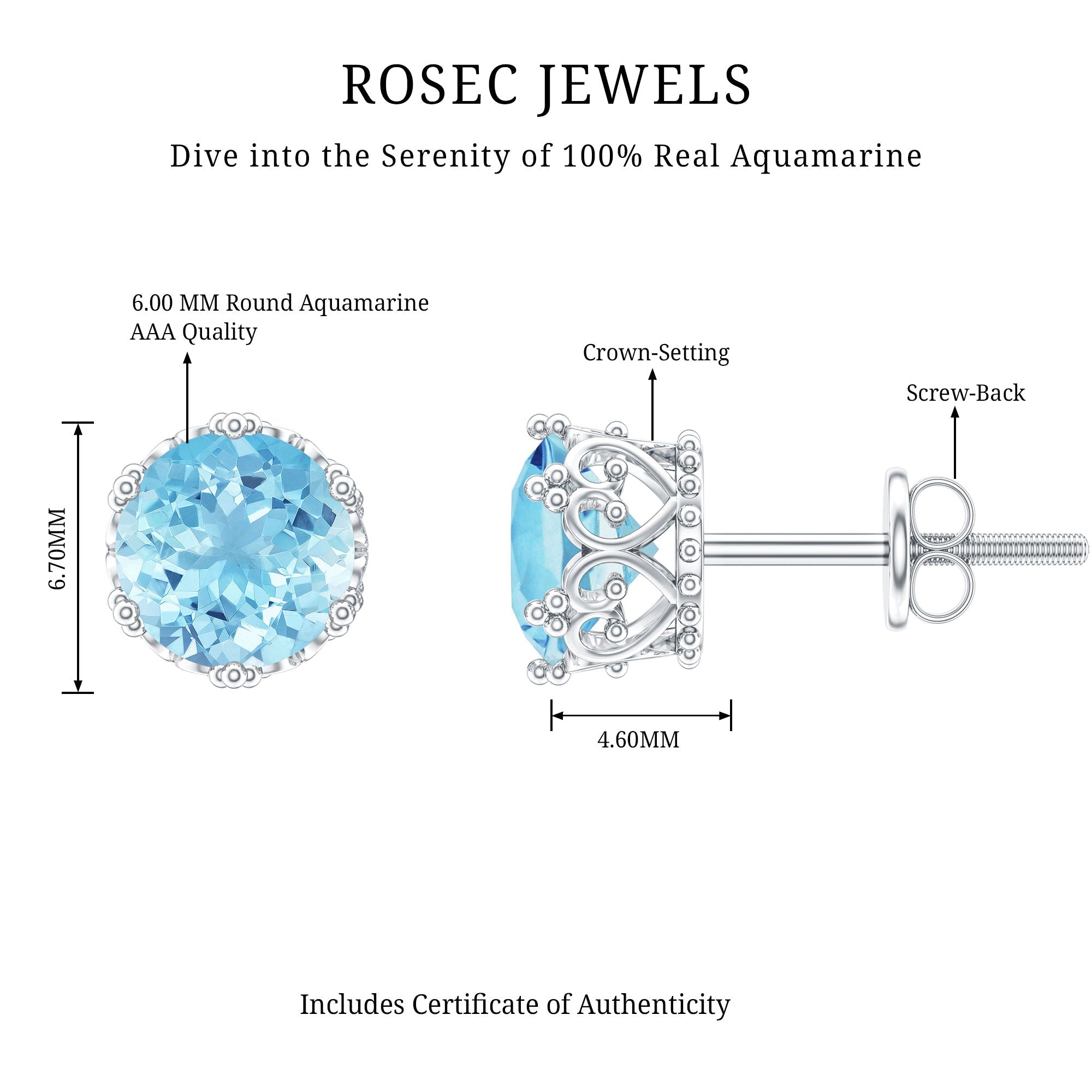 1.5 Carat Genuine Aquamarine Crown Stud Earrings