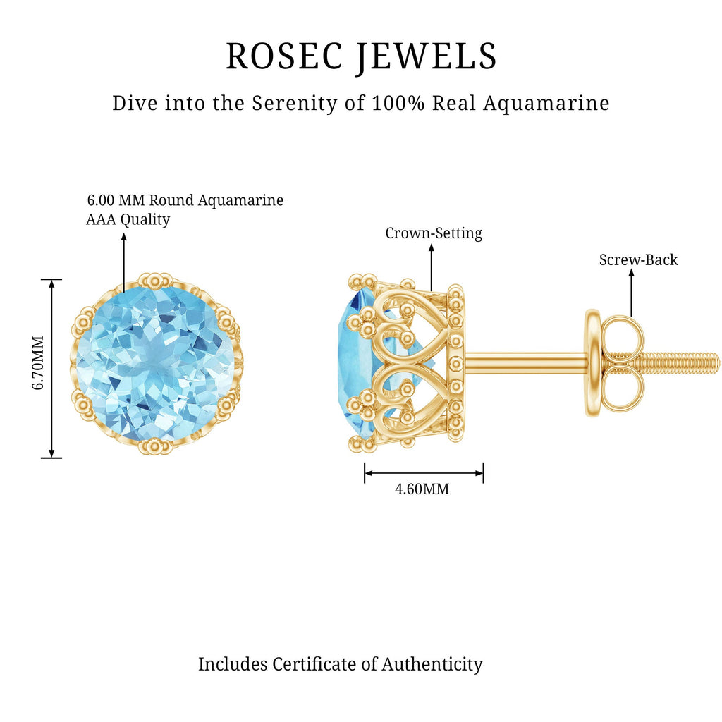 1.5 Carat Genuine Aquamarine Crown Stud Earrings