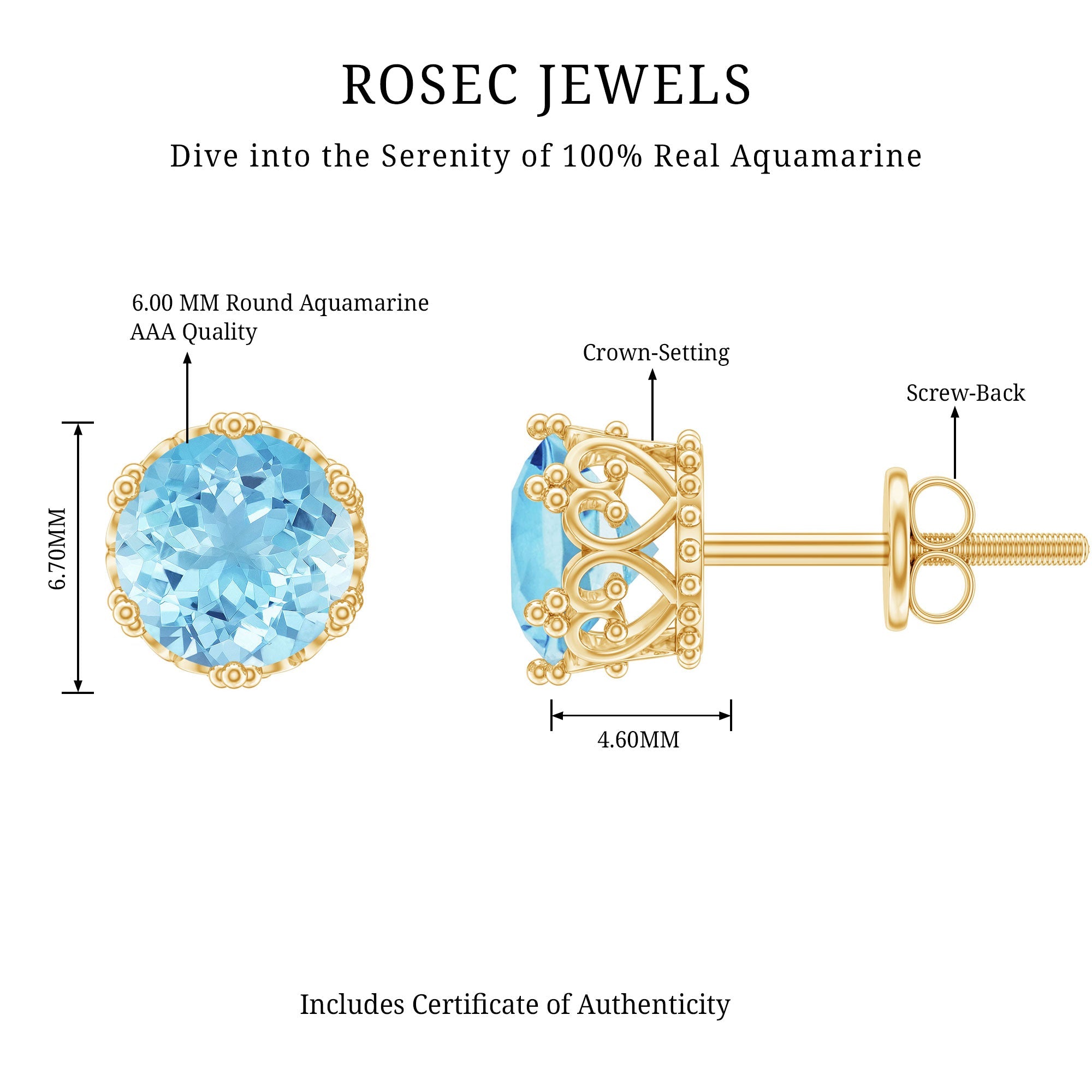 1.5 Carat Genuine Aquamarine Crown Stud Earrings