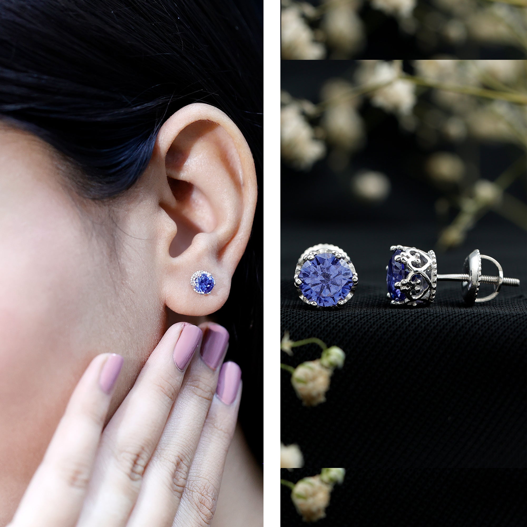 2 CT Created Blue Sapphire Solitaire Crown Stud Earrings