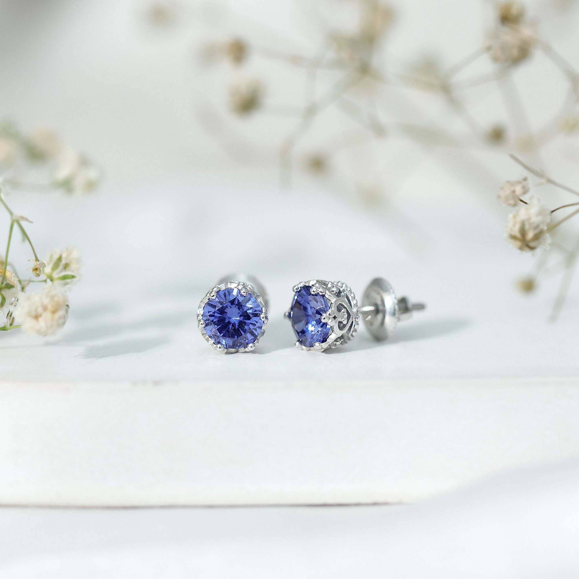 2 CT Created Blue Sapphire Solitaire Crown Stud Earrings
