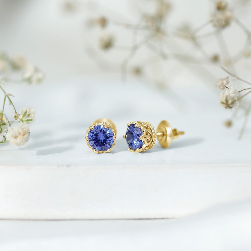2 CT Created Blue Sapphire Solitaire Crown Stud Earrings