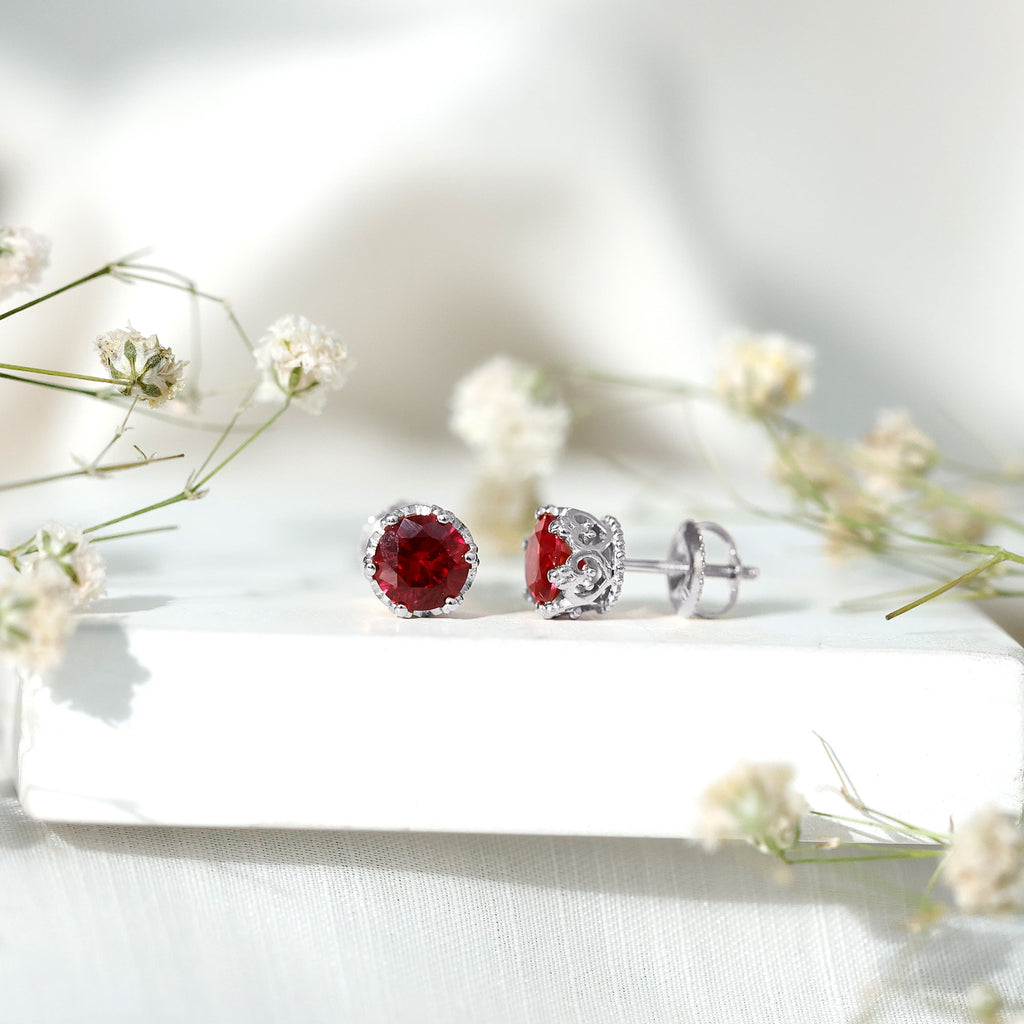 2 CT Lab Created Ruby Solitaire Stud Earring in Crown Setting