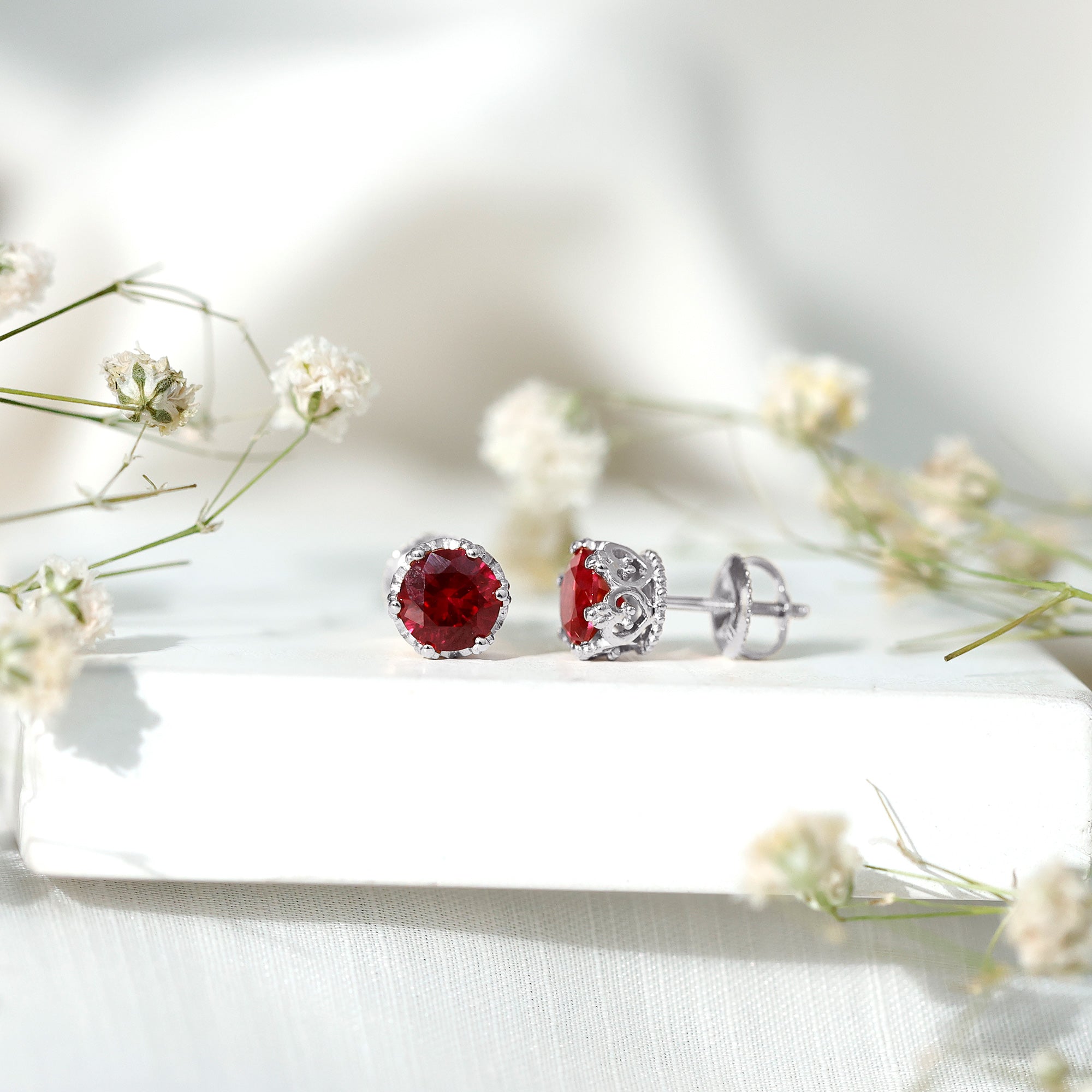 2 CT Lab Created Ruby Solitaire Stud Earring in Crown Setting