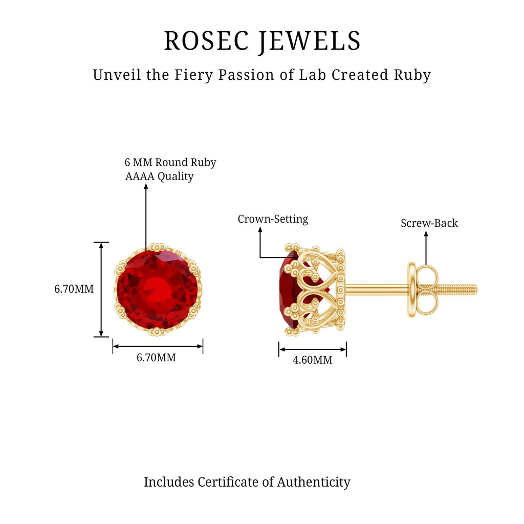 2 CT Lab Created Ruby Solitaire Stud Earring in Crown Setting