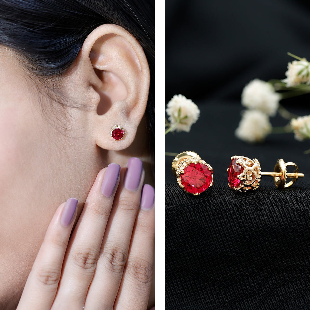 2 CT Lab Created Ruby Solitaire Stud Earring in Crown Setting