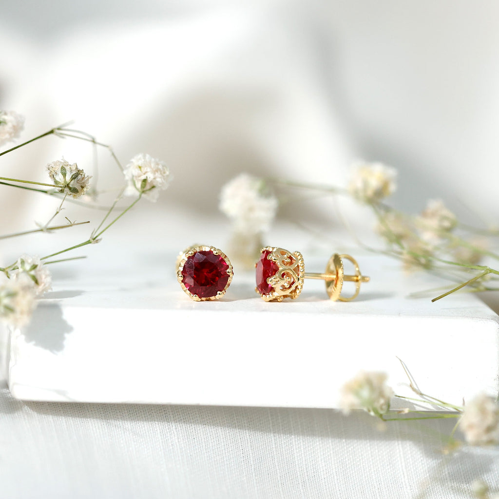 2 CT Lab Created Ruby Solitaire Stud Earring in Crown Setting