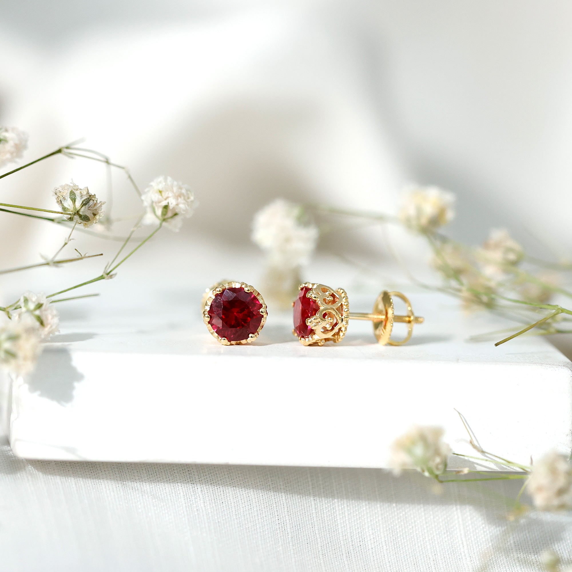 2 CT Lab Created Ruby Solitaire Stud Earring in Crown Setting