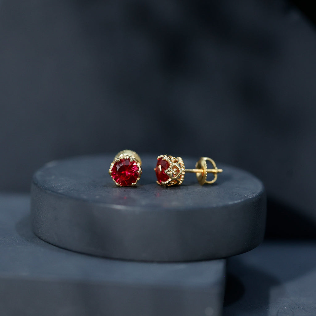 2 CT Lab Created Ruby Solitaire Stud Earring in Crown Setting