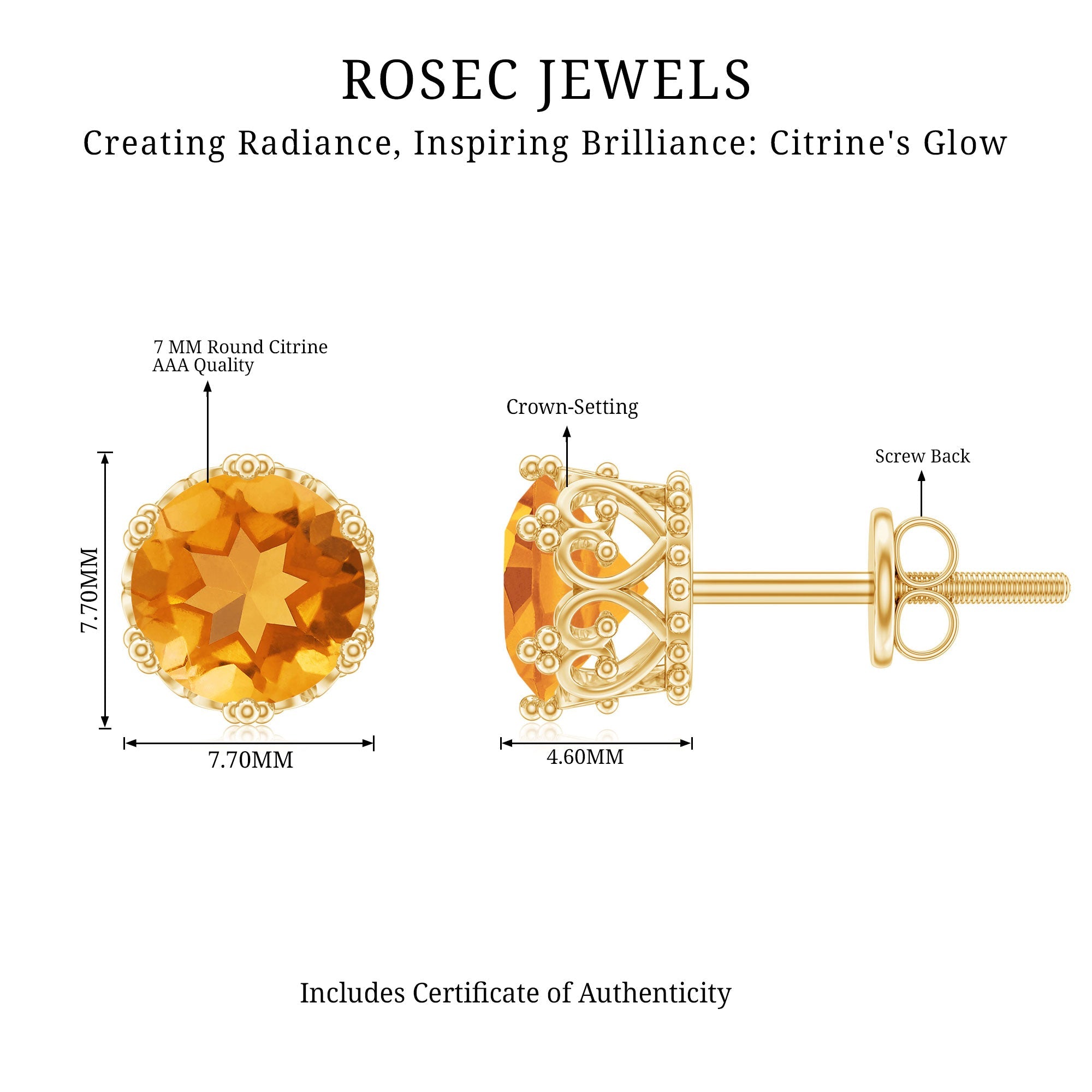 Certified Real 7mm Citrine Crown Earrings with Screw Back