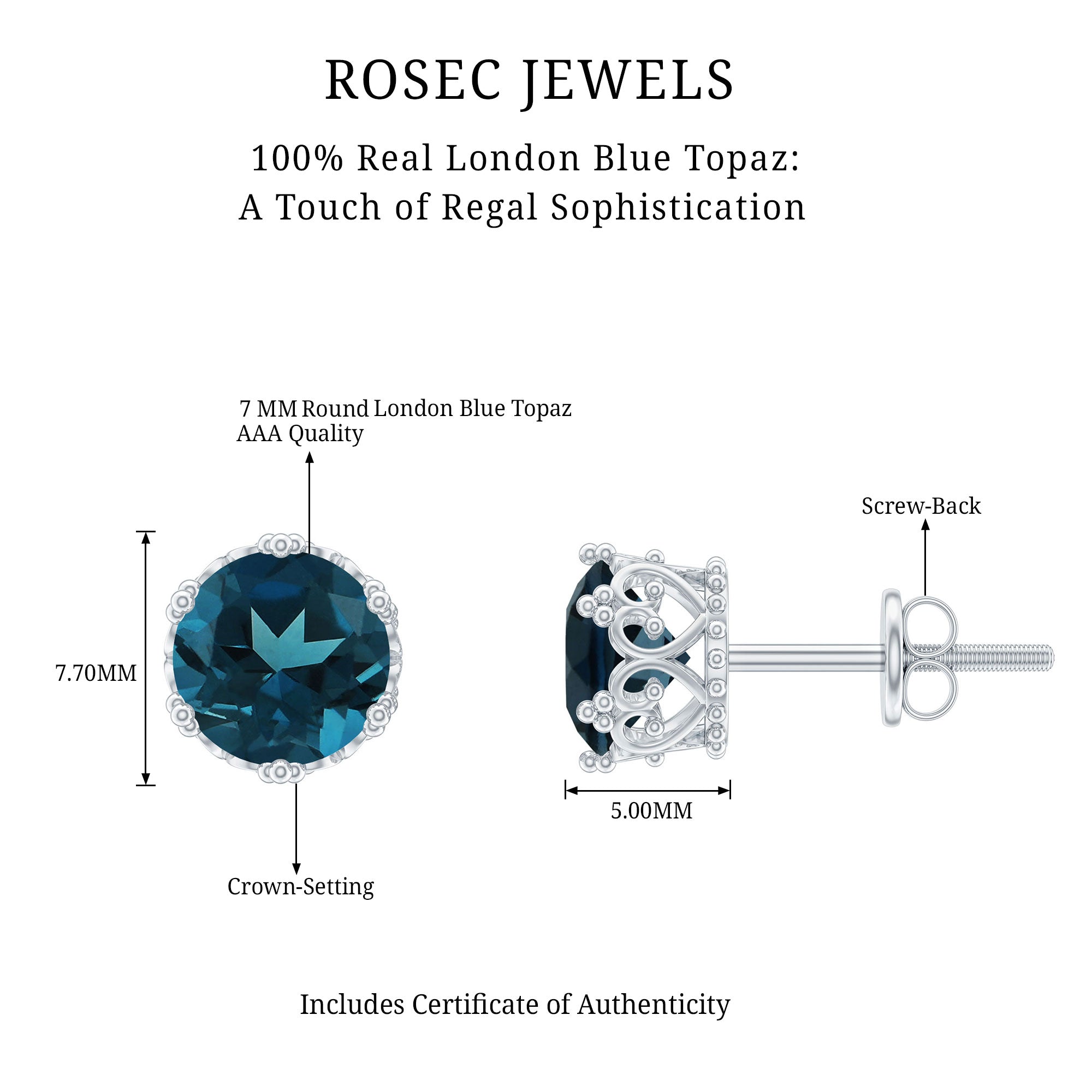 6 MM London Blue Topaz Solitaire Crown Stud Earrings