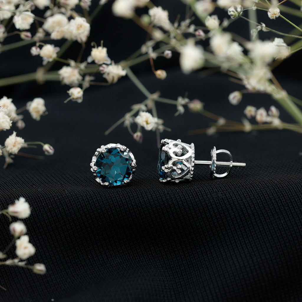 6 MM London Blue Topaz Solitaire Crown Stud Earrings