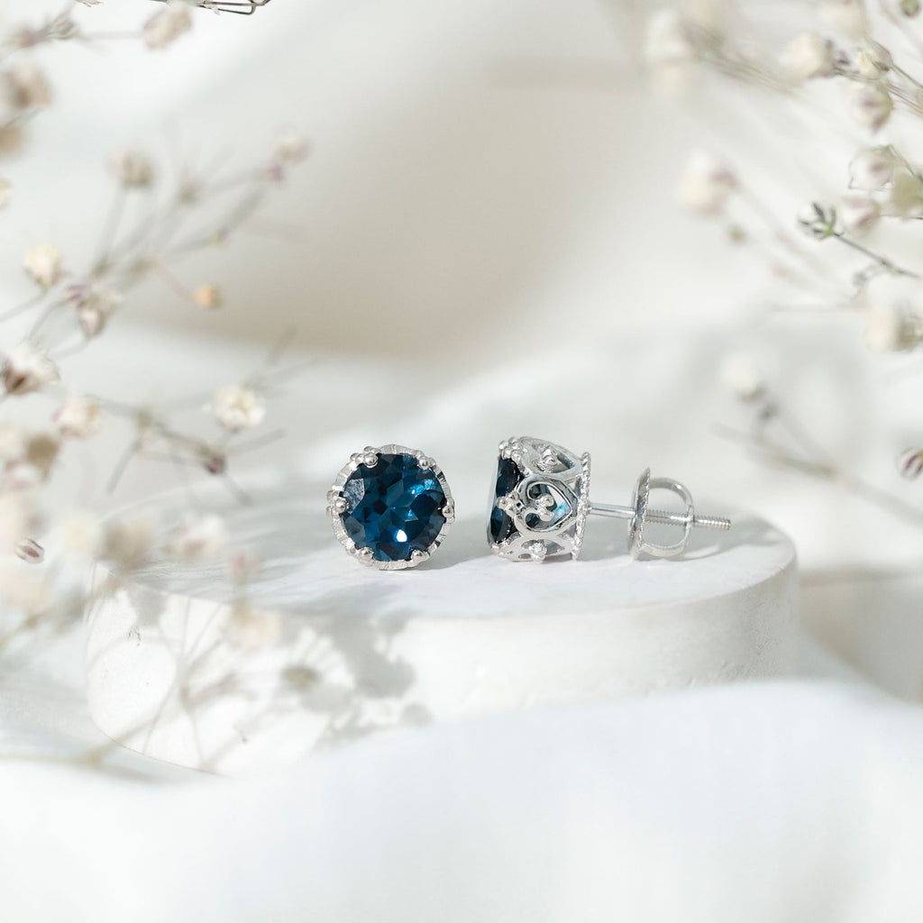 6 MM London Blue Topaz Solitaire Crown Stud Earrings