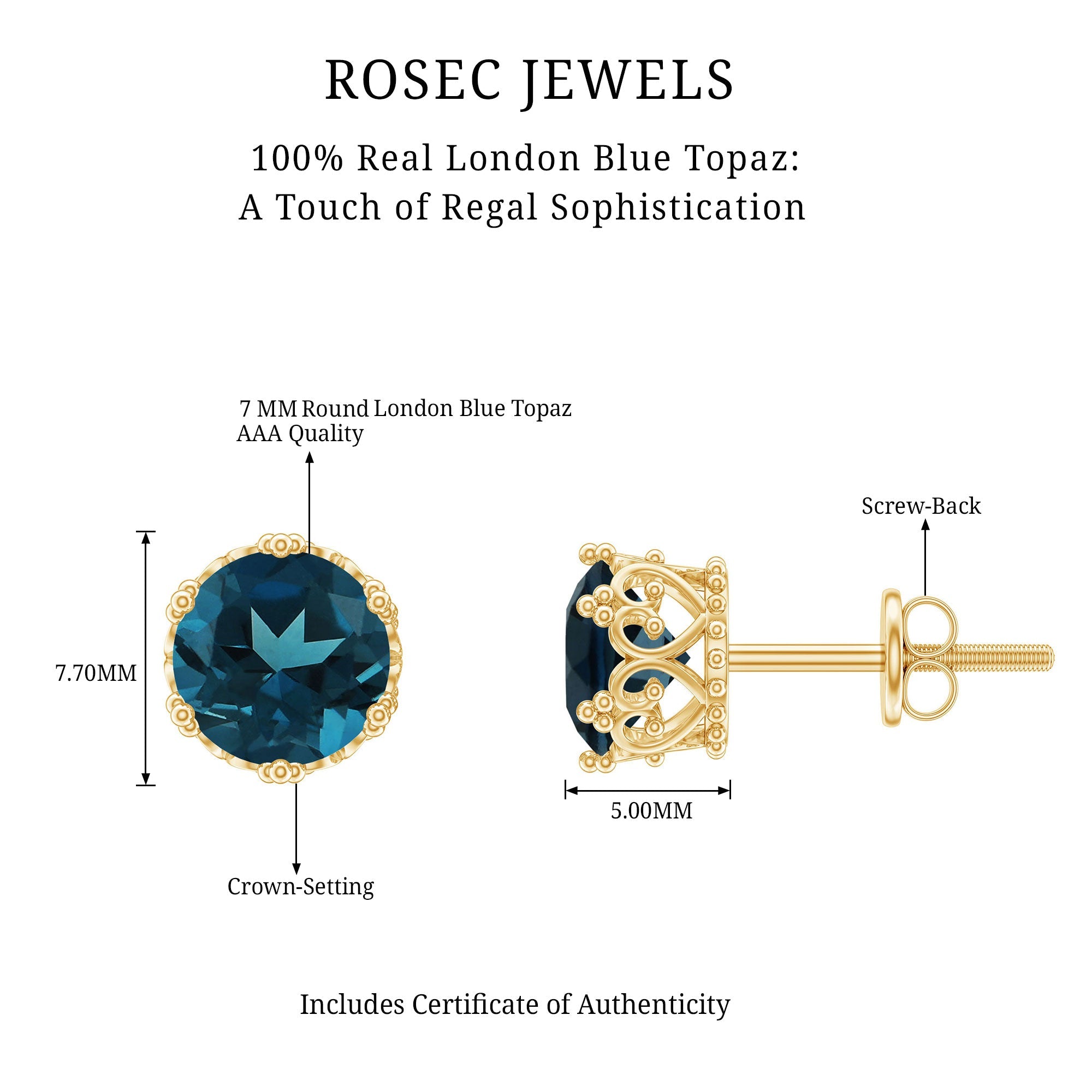 6 MM London Blue Topaz Solitaire Crown Stud Earrings