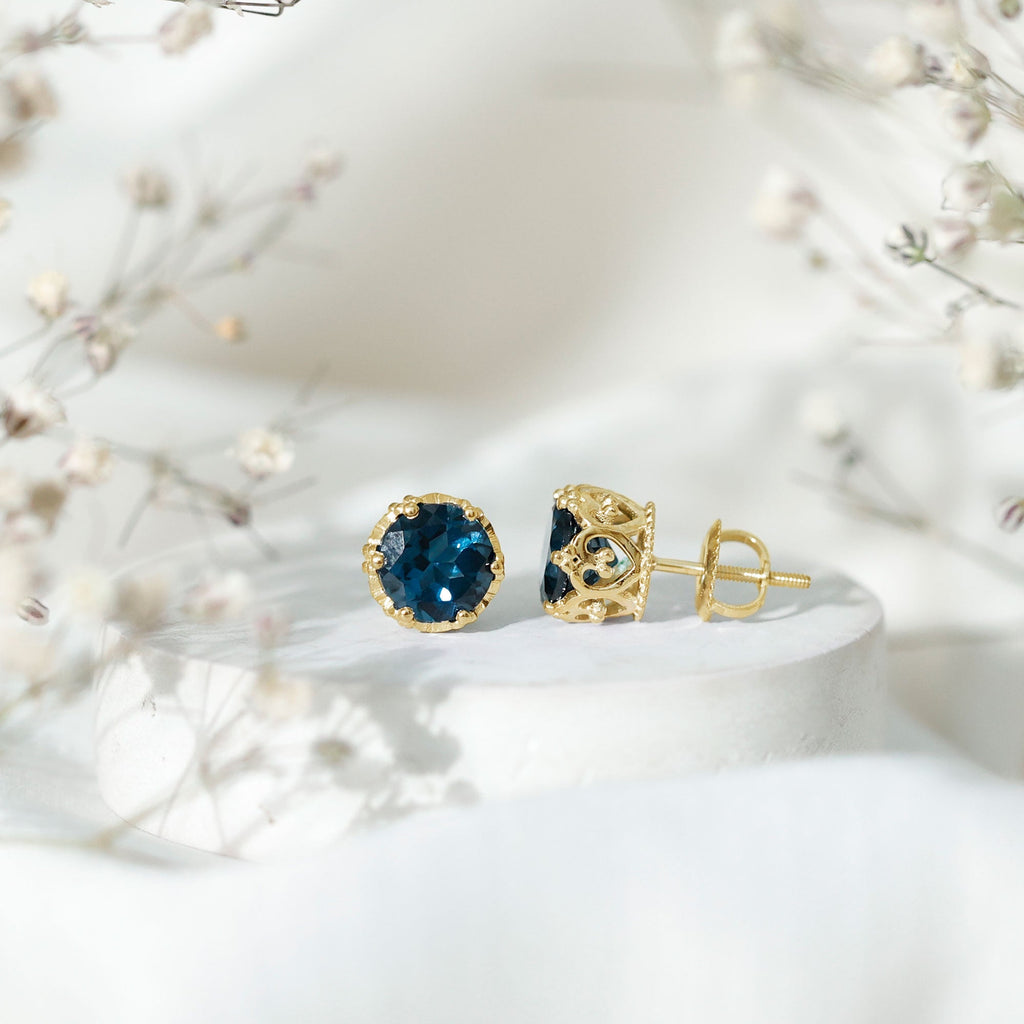6 MM London Blue Topaz Solitaire Crown Stud Earrings