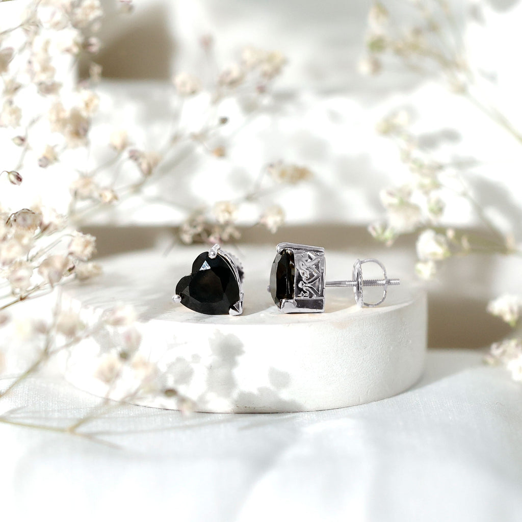 Heart Shape Black Onyx Solitaire Stud Earrings in 3 Prong Setting