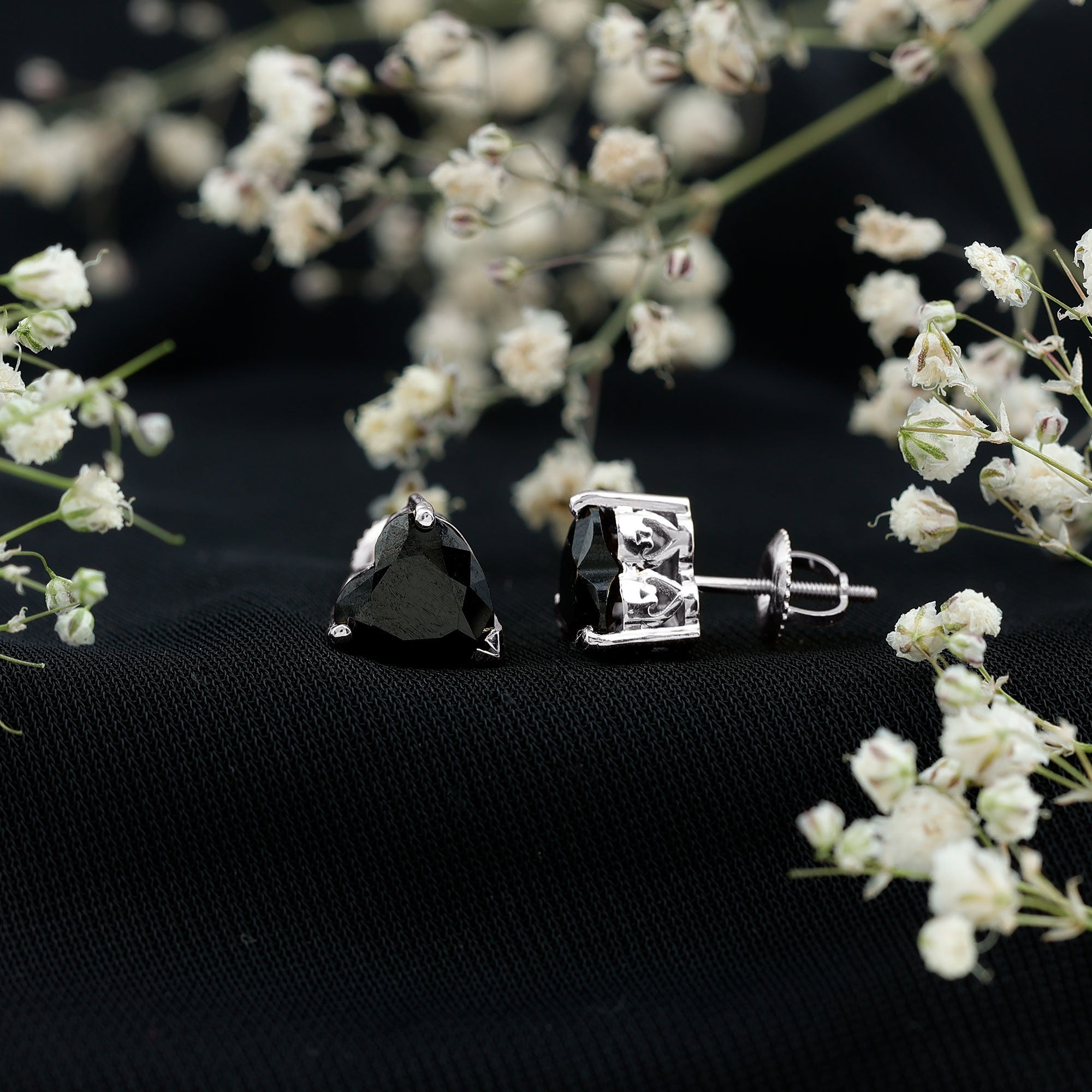 Heart Shape Black Onyx Solitaire Stud Earrings in 3 Prong Setting