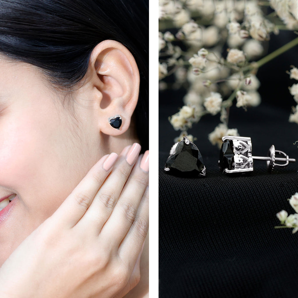 Heart Shape Black Onyx Solitaire Stud Earrings in 3 Prong Setting