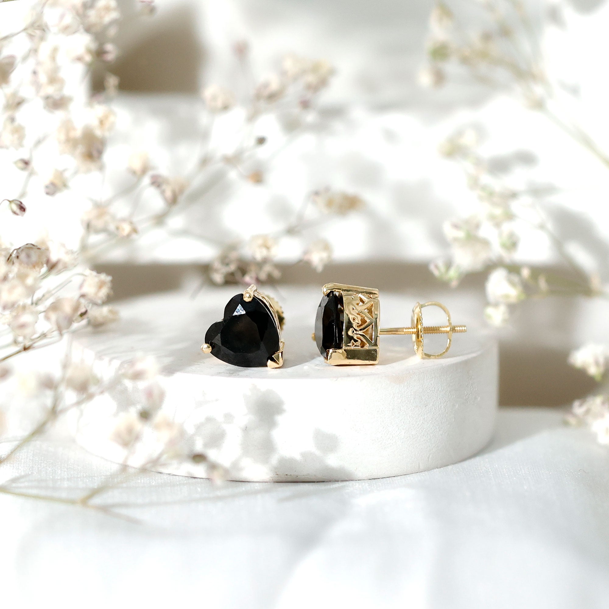 Heart Shape Black Onyx Solitaire Stud Earrings in 3 Prong Setting