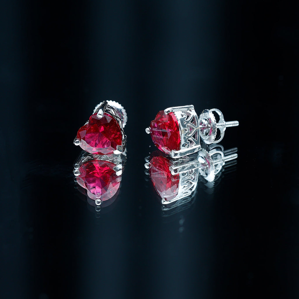 Certified 4 Carat Lab Created Ruby Heart Stud Earrings
