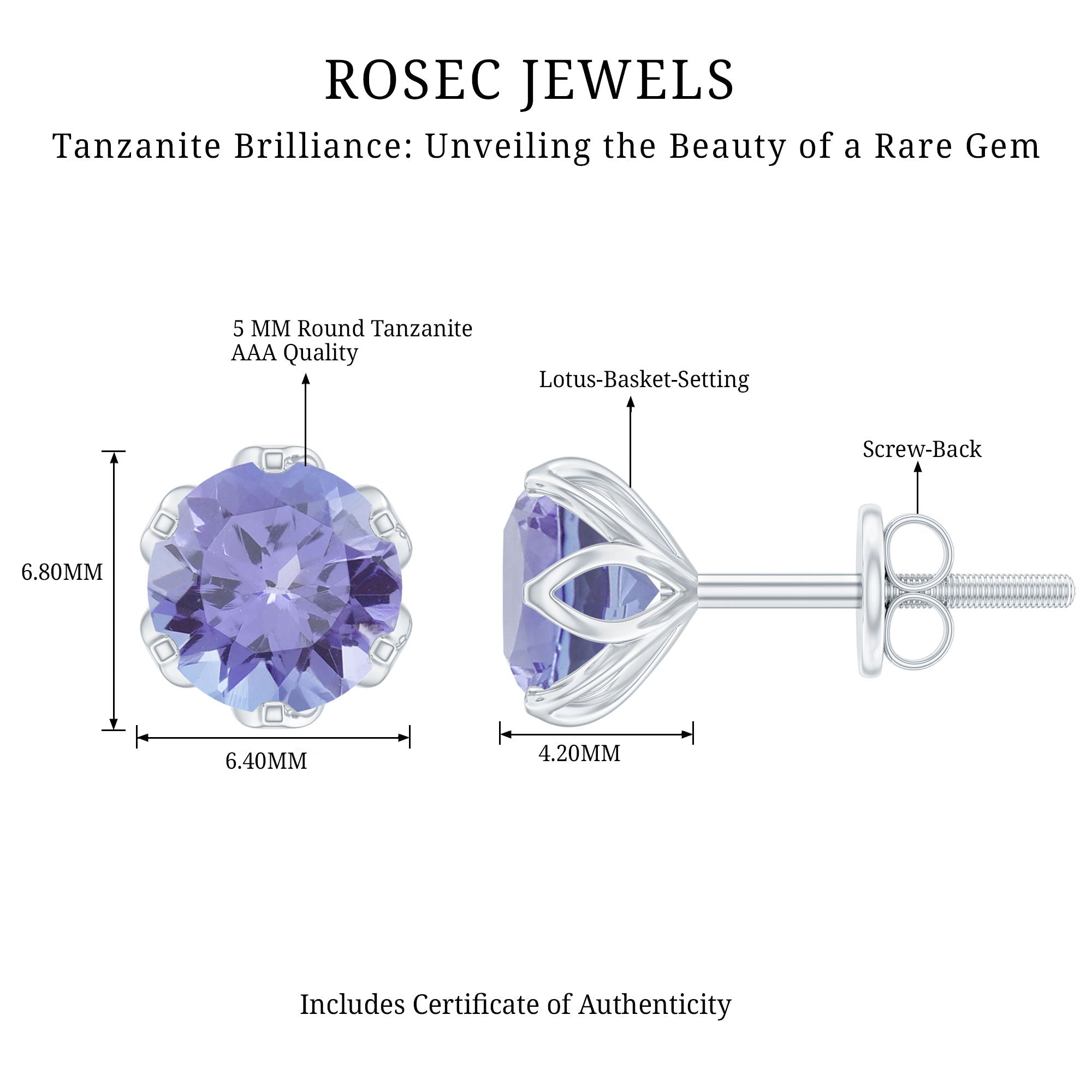 6 MM Round Cut Tanzanite Solitaire Stud Earrings for Women