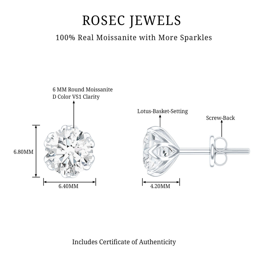 Moissanite Solitaire Stud Earrings in Lotus Basket Setting