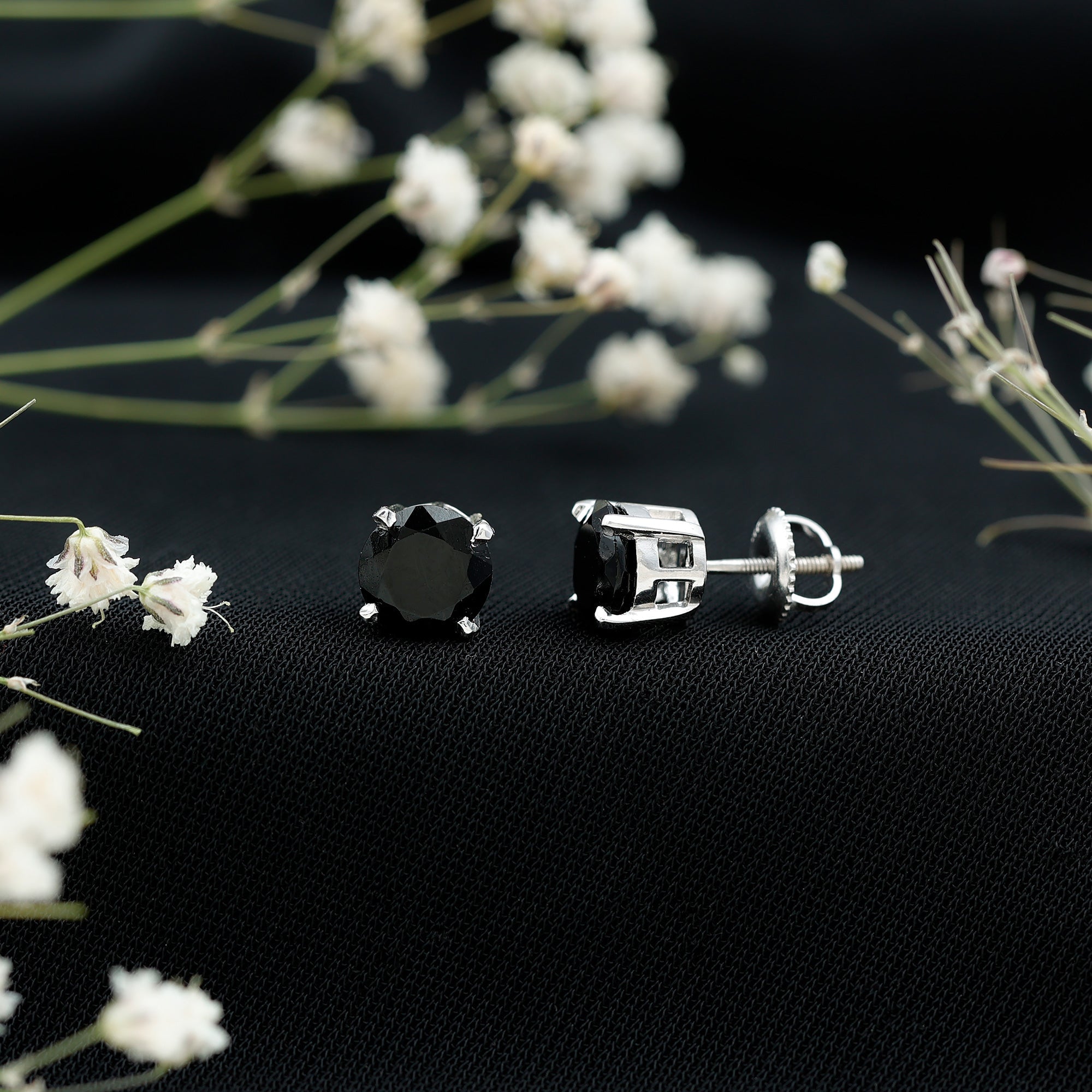 Round shape Lab Grown Black Diamond Solitaire Stud Earrings