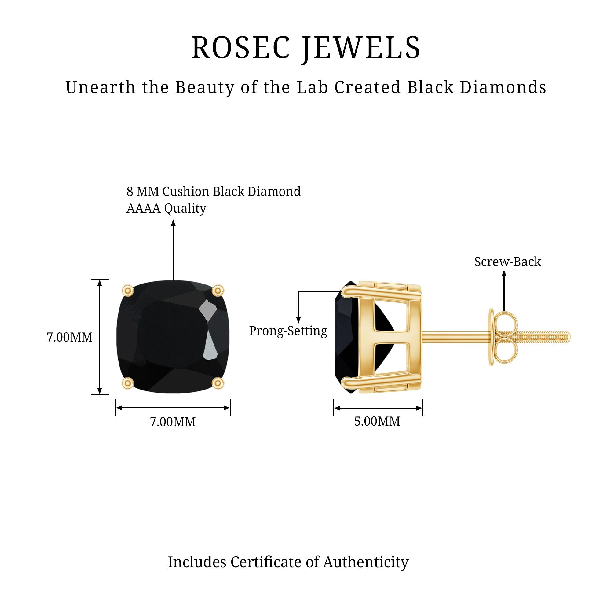 8MM Cushion Cut Created Black Diamond Stud Earrings