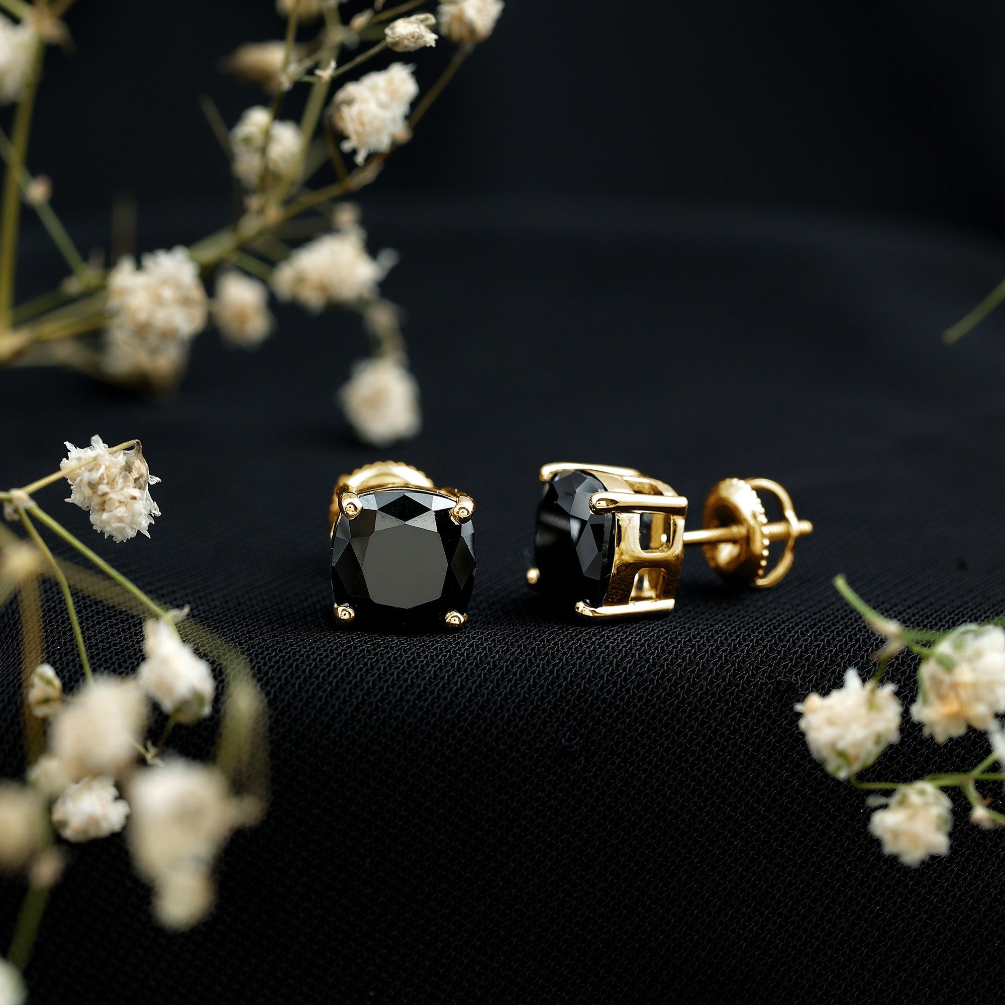 8MM Cushion Cut Created Black Diamond Stud Earrings