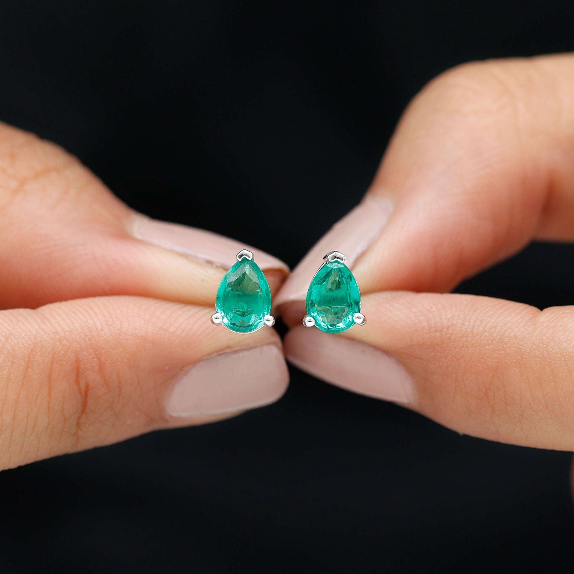 Pear Cut Lab Grown Emerald Teardrop Earrings in 3 Prong Setting