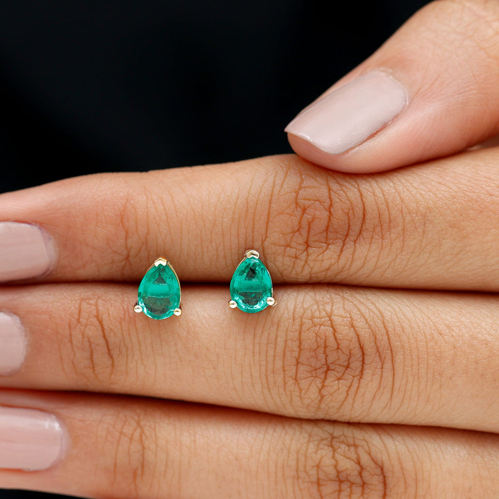 Pear Cut Lab Grown Emerald Teardrop Earrings in 3 Prong Setting