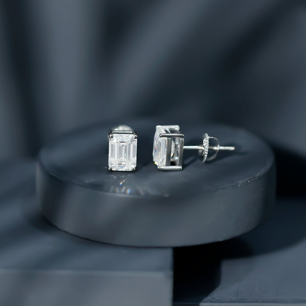 Certified Moissanite Emerald Cut Stud Earrings For Women